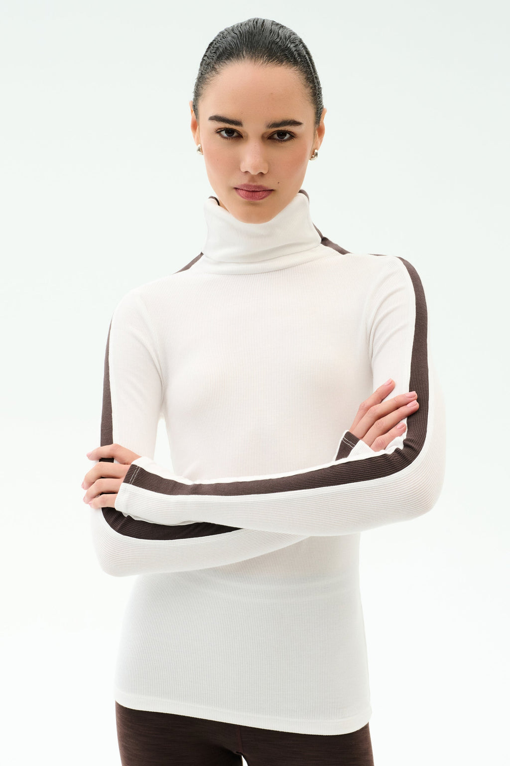 Jackson Rib Full Length Turtleneck - White/Dark Chocolate