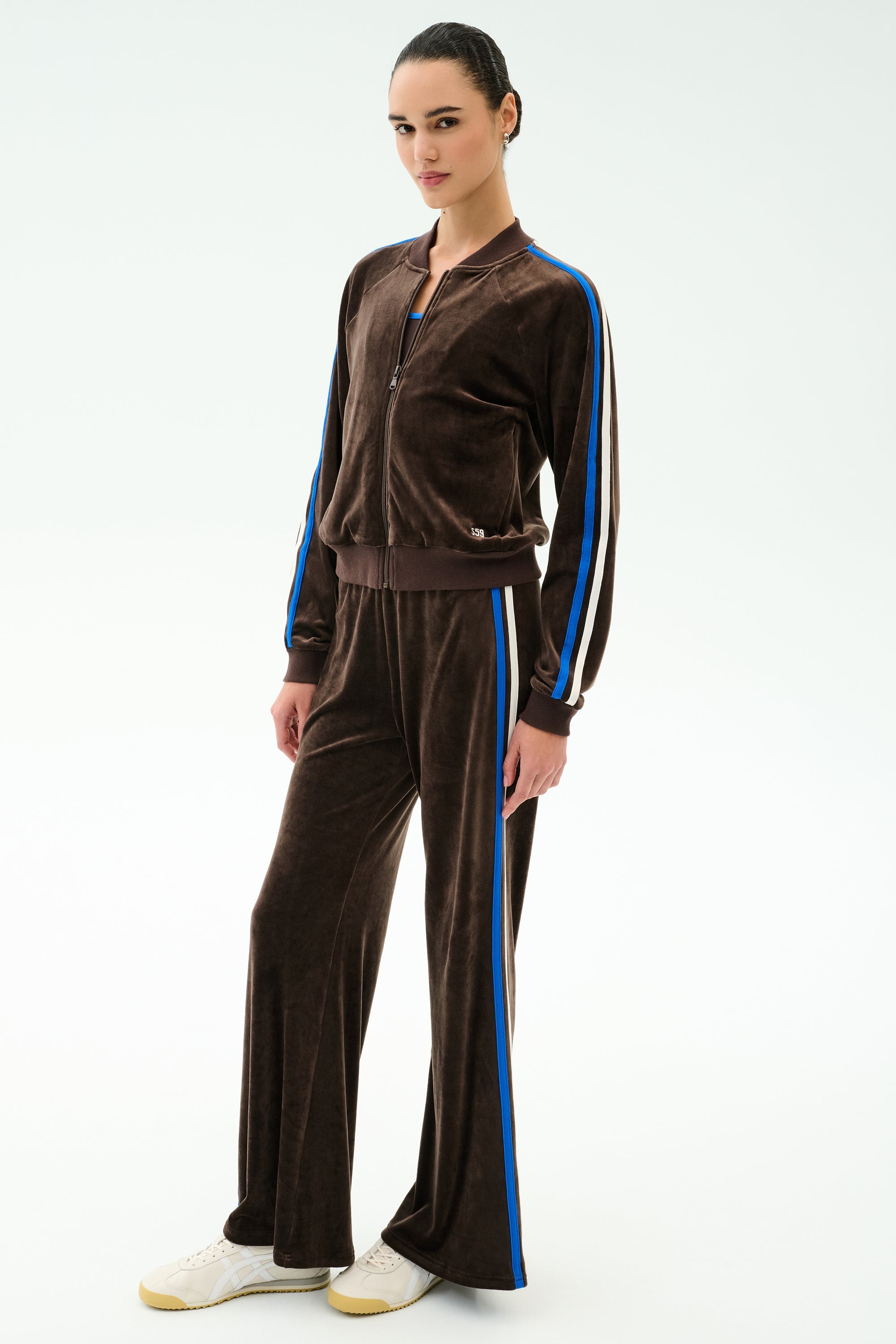 Heritage Velour Bomber - Dark Chocolate/Classic Blue