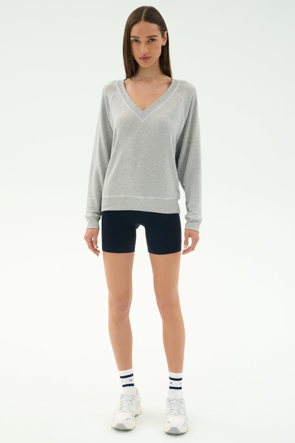 Bennie Fleece V Neck Sweatshirt - Heather Grey/White