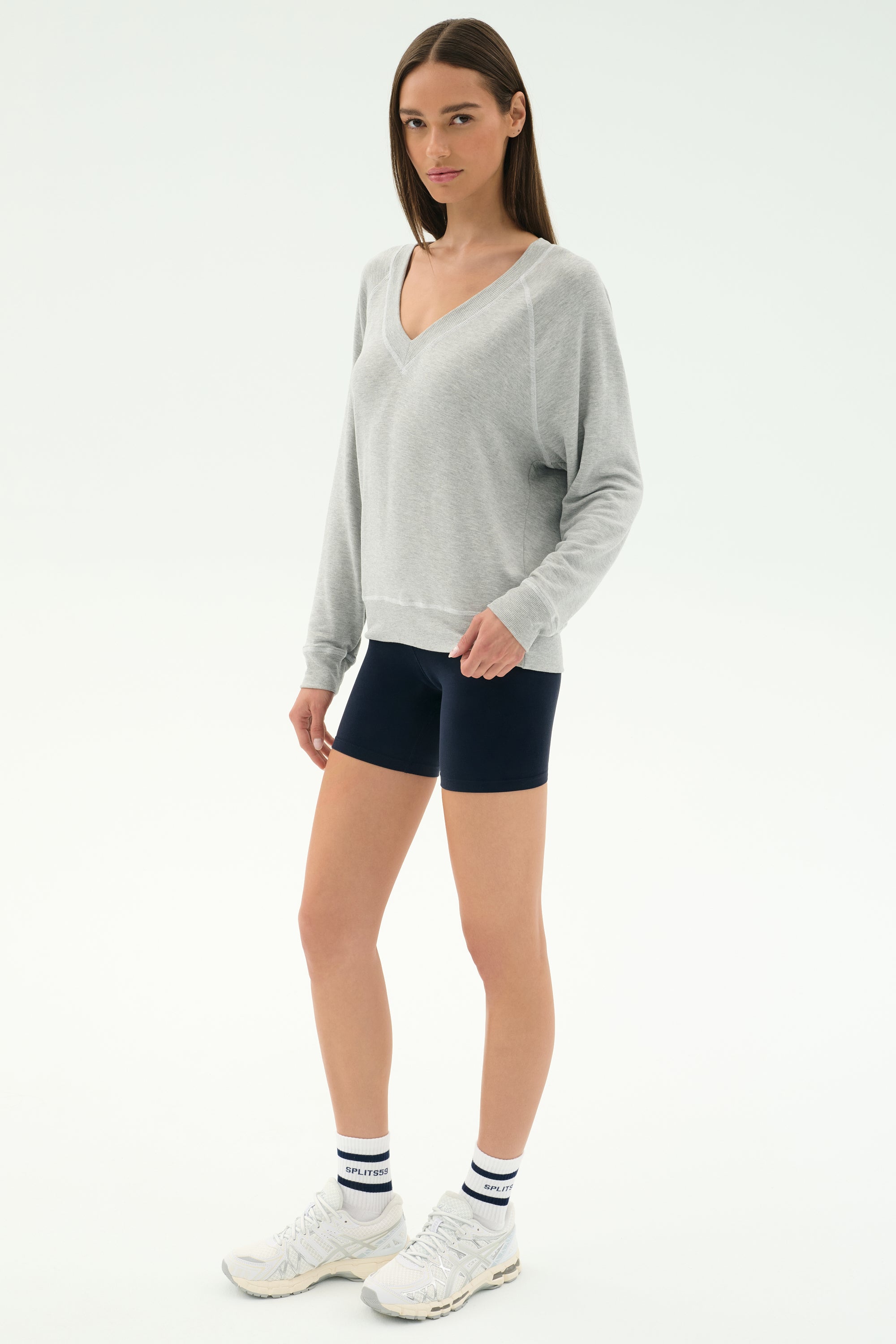Bennie Fleece V Neck Sweatshirt - Heather Grey/White
